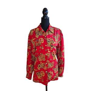Vintage SK & Company Red Baroque Print Button Up Blouse Size 6 Classy Dressy